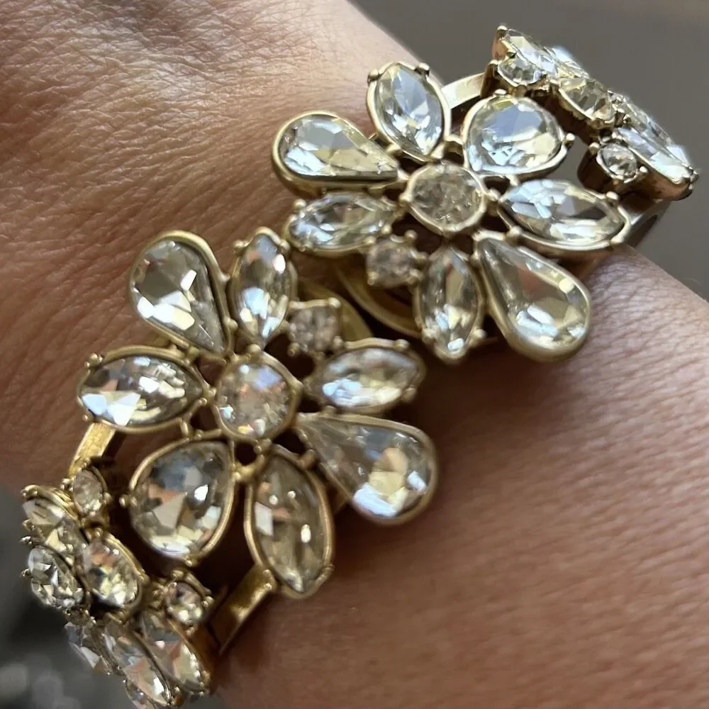 Gold Tone Floral Crystal Hinged Bracelet Rhinestone Flower Cluster Cuff - Picture 3 of 9